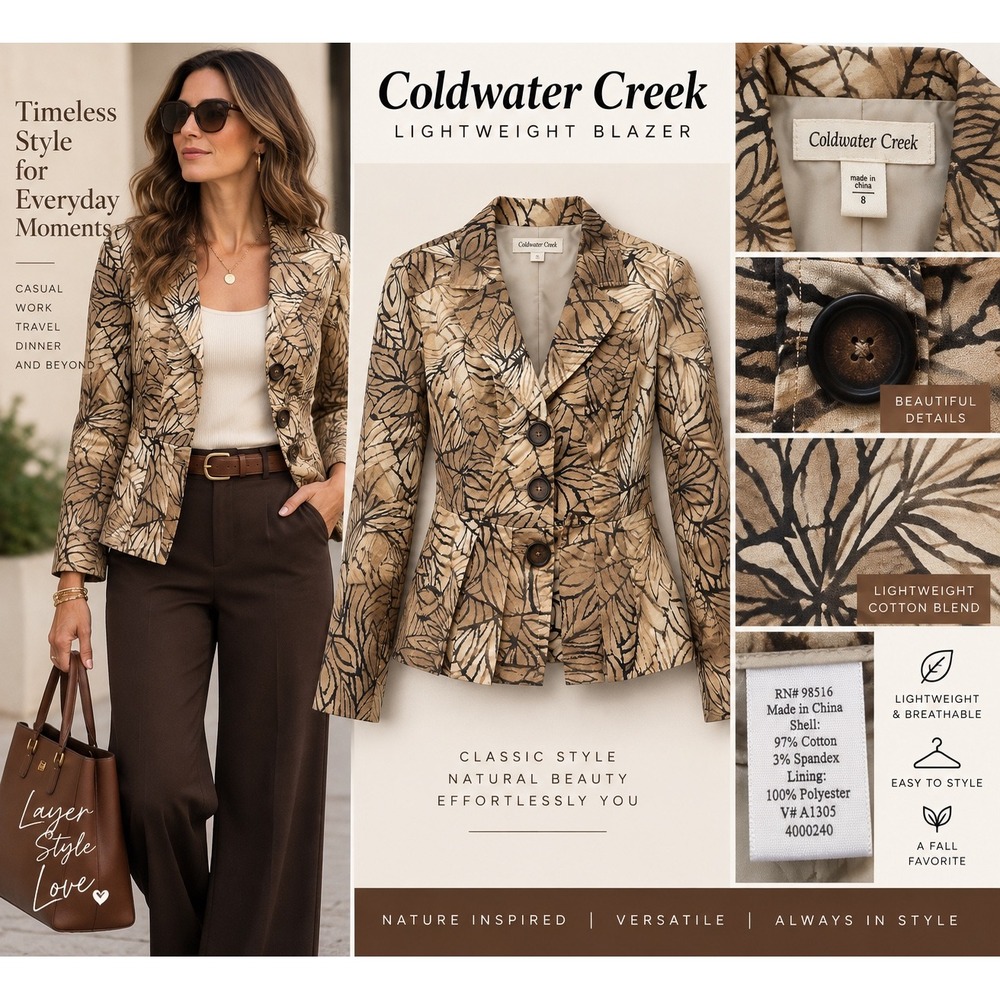 Coldwater Creek Blazer Womens 8 Brown Floral Cotton Stretch Lightweight A1305